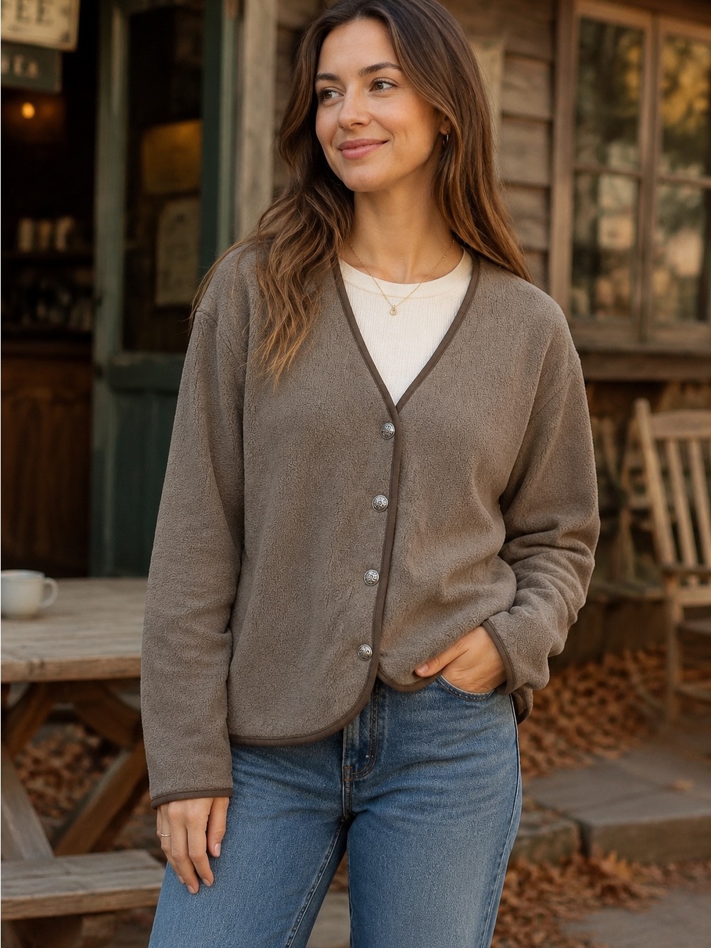 Vintage L.L.Bean Women’s L Brown Fleece Cardigan Metal Buttons Made in Macau